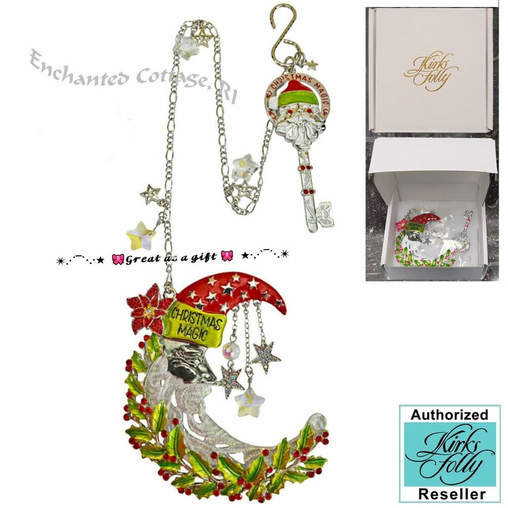 Kirks Folly CHRISTMAS MAGIC SANTA & KEY SHIMMER MOON Ornament Dangler Silvertone